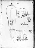 Laboratory notebook sketch of incandescent lamp, 1880